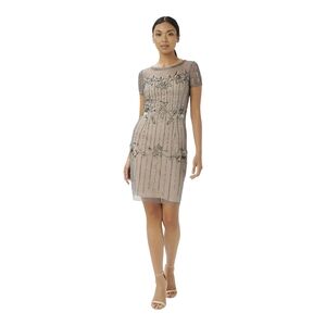 Adrianna Papell - Size 0 Beaded Short Dress, Sterling/Nude